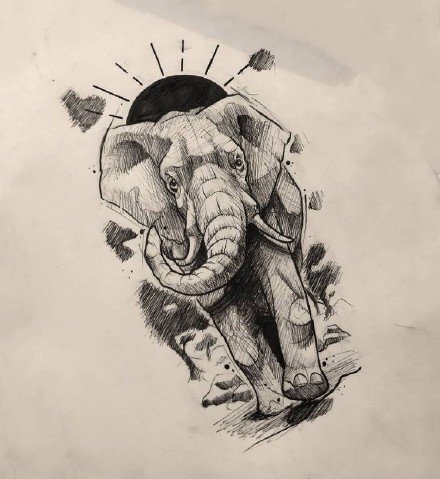 点击大图看下一张：大象刺青 9款小清新素描速写风的大象纹身图片