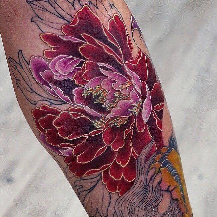 点击大图看下一张：传统的9款彩色莲花牡丹等花卉纹身图案