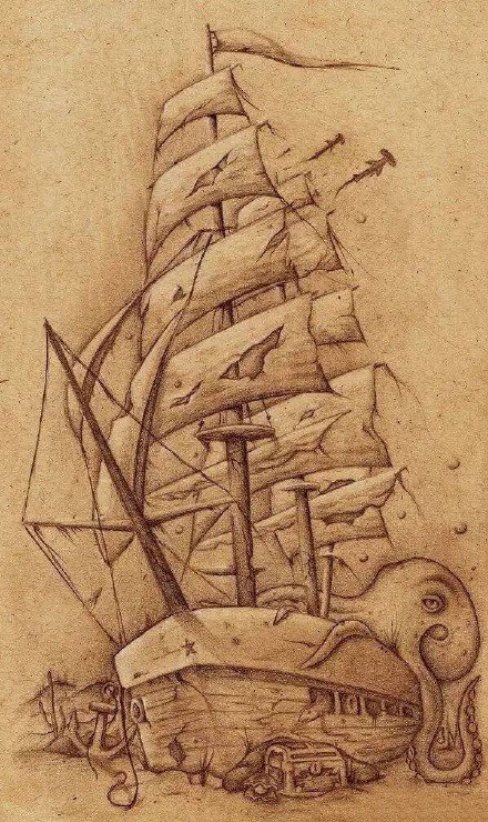 点击大图看下一张：帆船纹身 10款好看的帆船纹身手稿和图案作品