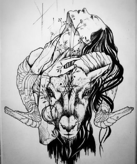 点击大图看下一张：暗黑风格的9款适白羊座的恶魔撒旦羊头角纹身图案