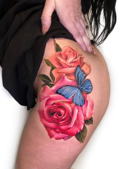 点击大图看下一张：一组彩色美丽的花朵女生纹身图案参考