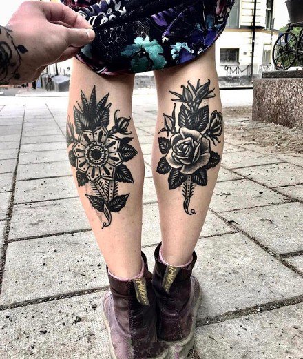 点击大图看下一张：小腿前后面的一组oldschool纹身风格成对纹身图片