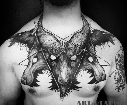 点击大图看下一张：撒旦纹身 魔鬼撒旦的9款羊头大花胸纹身作品图案