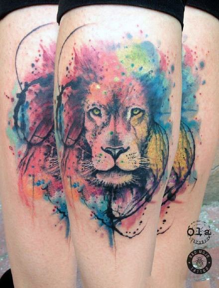 点击大图看下一张：狮头纹身 好看的9款水彩色狮子头纹身图案
