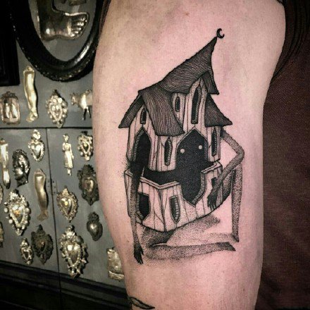 点击大图看下一张：怪异房子主题的小黑屋纹身图片作品