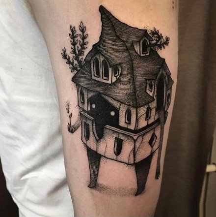 点击大图看下一张：怪异房子主题的小黑屋纹身图片作品