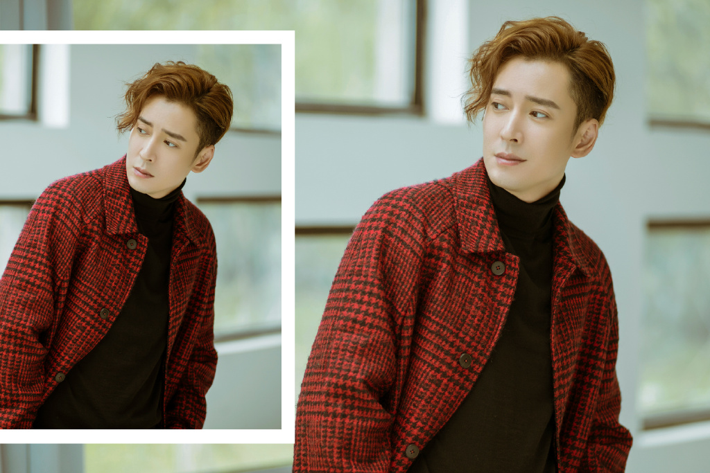 点击大图看下一张：韩栋红色格子外套帅气图片