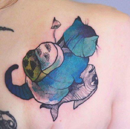 点击大图看下一张：蓝绿色创意的一组猫主题纹身图片