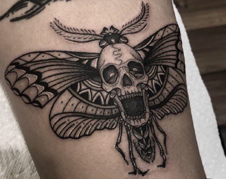 点击大图看下一张：飞蛾搭配骷髅的一组school纹身图案
