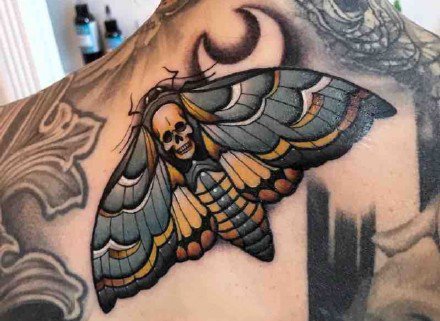 点击大图看下一张：飞蛾搭配骷髅的一组school纹身图案