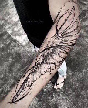 点击大图看下一张：小臂翅膀纹身 小臂位置的9组黑灰翅膀纹身图片