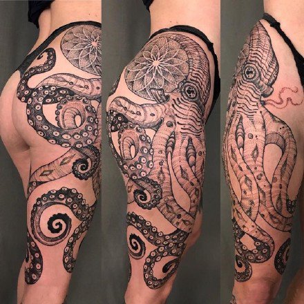 点击大图看下一张：大腿上写实逼真的几款大章鱼纹身图片