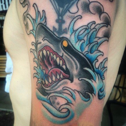 点击大图看下一张：彩色school风格的一组鲨鱼纹身图片