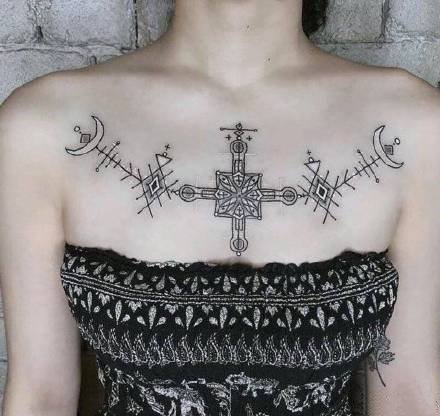 点击大图看下一张：女生胸前锁骨处的一组黑灰漂亮纹身图片