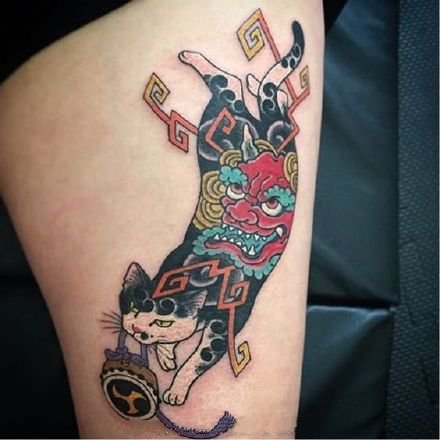 点击大图看下一张：日式刺青大猫的9款猫纹身作品图片