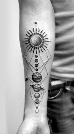 点击大图看下一张：小臂星球纹身 小臂胳膊上的一串星球纹身作品图