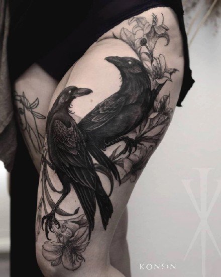 点击大图看下一张：黑色乌鸦纹身 深黑色的9款乌鸦纹身图片和手稿