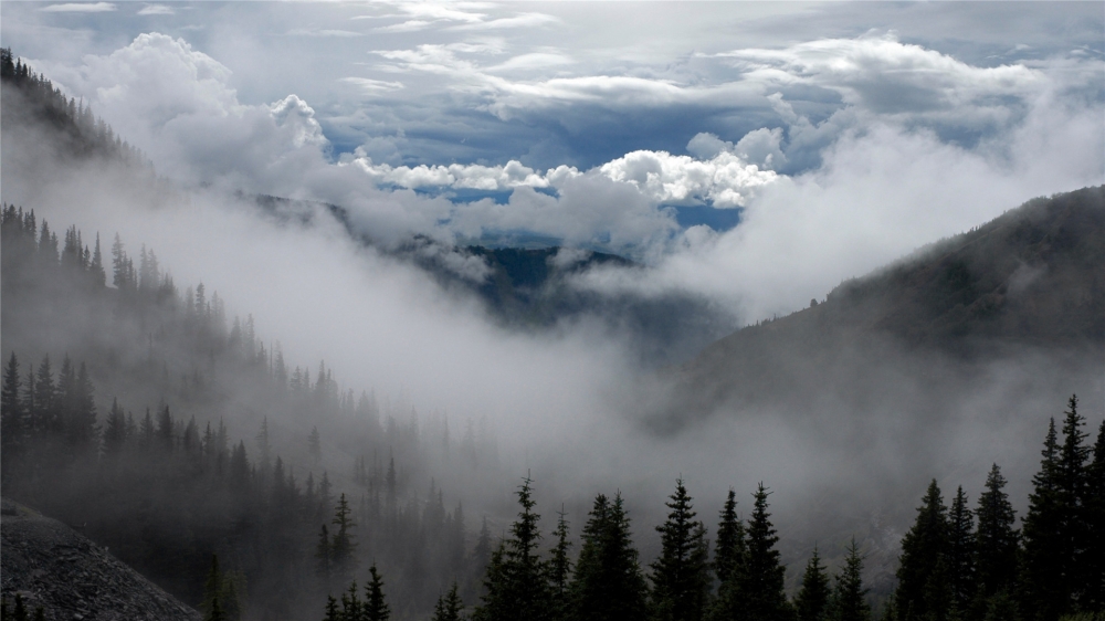 点击大图看下一张：云雾缭绕的山涧高清桌面壁纸