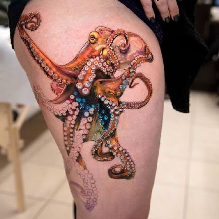 点击大图看下一张：欧美写实风格的八爪章鱼纹身图案