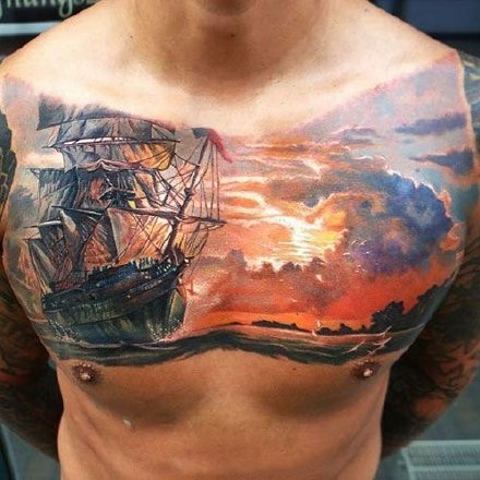 点击大图看下一张：航海纹身 大面积满背航海主题的骷髅海盗船纹身作品