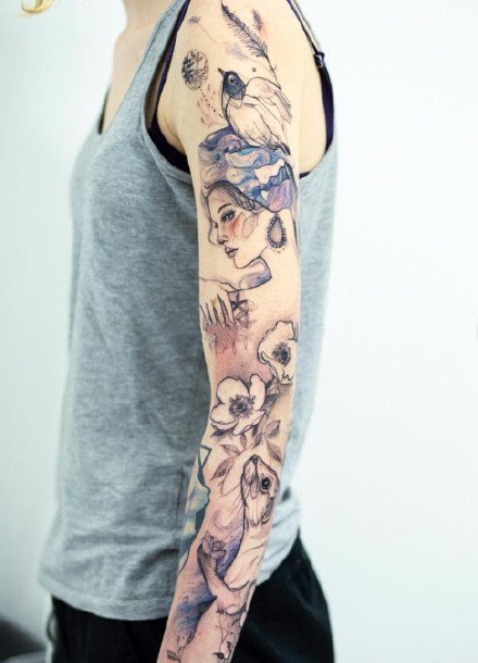 点击大图看下一张：插画花臂纹身 手绘插画的9款花臂纹身作品图案