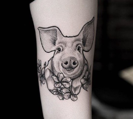 点击大图看下一张：可爱的一组小猪头纹身图片赏析