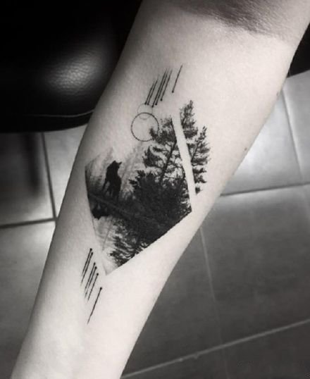 点击大图看下一张：有山有水有树林的9款黑灰风景纹身图片