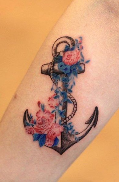 点击大图看下一张：水彩花朵和船锚主题的一组船锚纹身图案