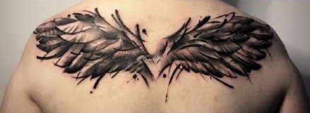 点击大图看下一张：背部前胸适合的双翅膀纹身作品图片