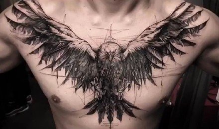 点击大图看下一张：背部前胸适合的双翅膀纹身作品图片