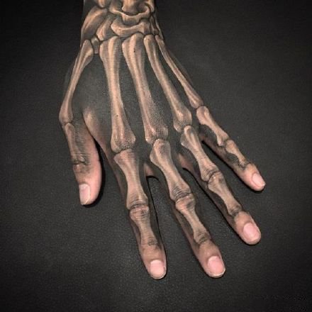 点击大图看下一张：逼真3d效果的手背骷髅骨骼纹身作品