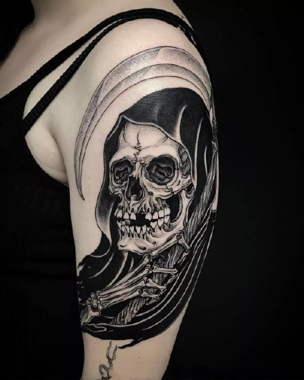 点击大图看下一张：死神纹身主题的14款骷髅死神创意纹身作品