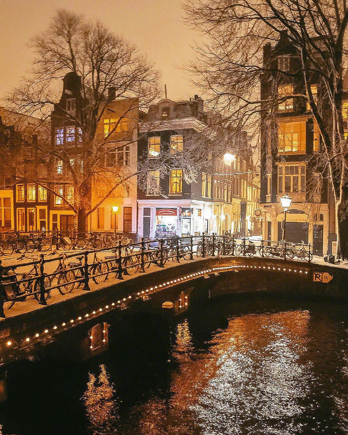点击大图看下一张：阿姆斯特丹的雪中夜景