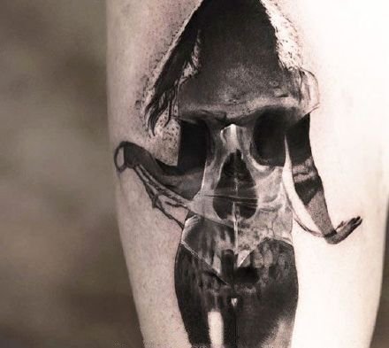 点击大图看下一张：死亡也是重生的包臂包腿暗黑骷髅纹身作品