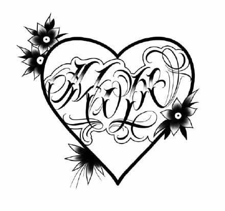 点击大图看下一张：一组漂亮心形花体字的纹身手稿图片