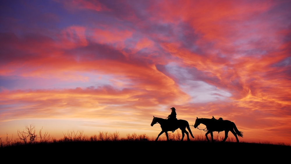 点击大图看下一张：黄昏夕阳骑马女孩风景桌面壁纸