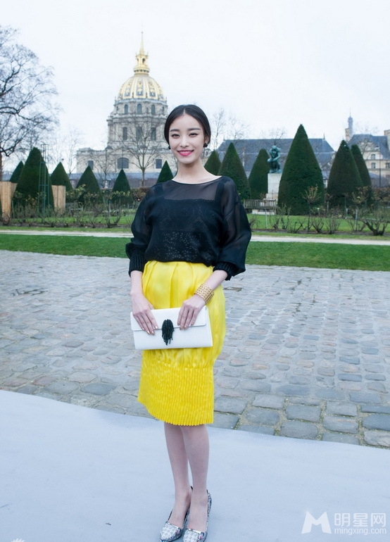 点击大图看下一张：倪妮亮相巴黎时装周 大方优雅专宠高贵黄色(3)