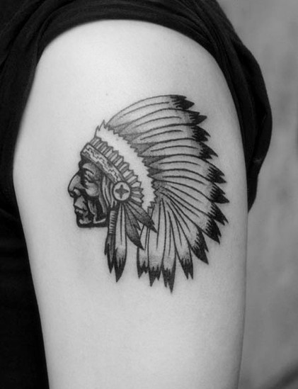 点击大图看下一张：手臂黑白肖像印第安头像另类刺青