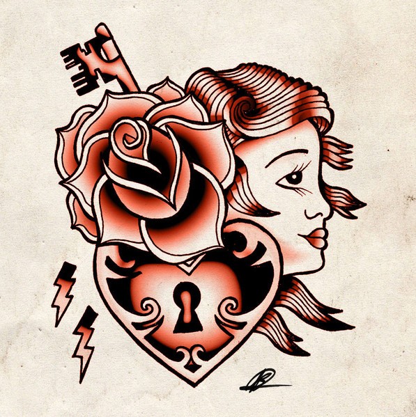 点击大图看下一张：戴着红玫瑰的美女头像纹身手稿