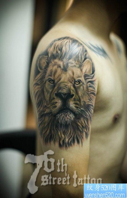 点击大图看下一张：男性手臂经典前卫的彩色狮头纹身图片