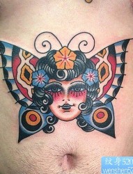 腹部漂亮的彩色蝴蝶头像纹身作品