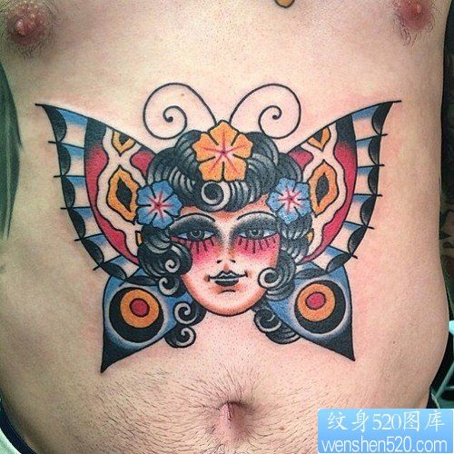 点击大图看下一张：腹部漂亮的彩色蝴蝶头像纹身作品