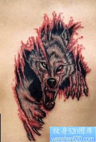 点击大图看下一张：个性的撕皮狼头纹身作品