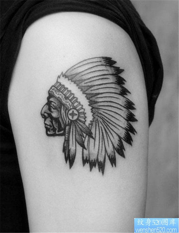 点击大图看下一张：黑灰肖像印第安头像纹身图案