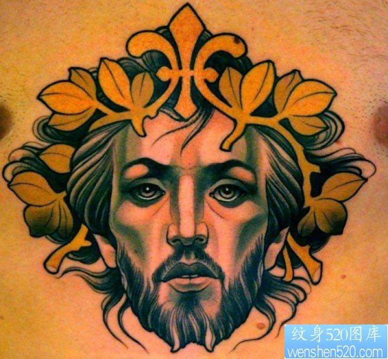 点击大图看下一张：一幅彩色耶稣头像纹身图片