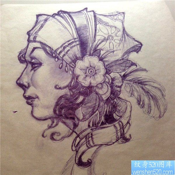 点击大图看下一张：人物女性肖像纹身手稿
