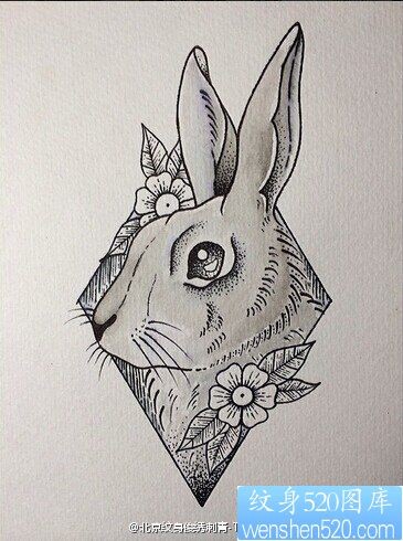点击大图看下一张：素描兔子纹身图案