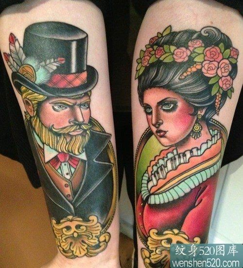 点击大图看下一张：彩色卡通人物之爵士和他太太的头像纹身图案