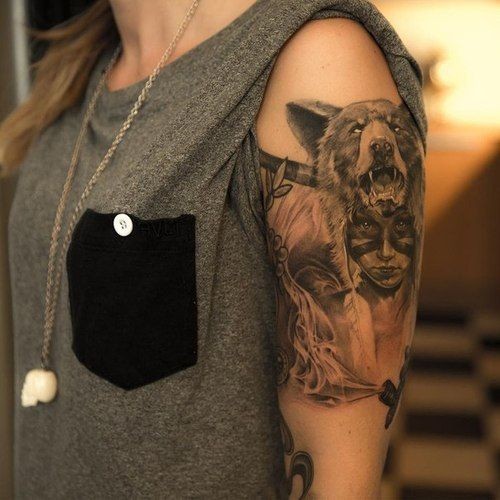点击大图看下一张：女性手臂一款特殊的狼头女性纹身