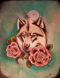 一款大气的狼头花朵纹身